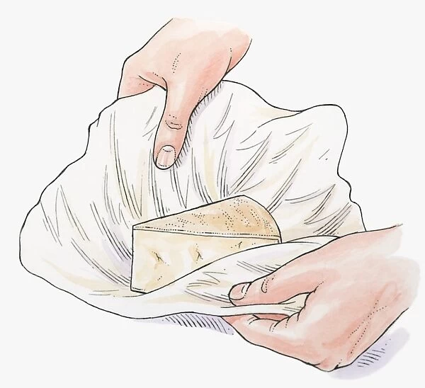 Illustration of keeping hard cheese moist by wrapping in muslin