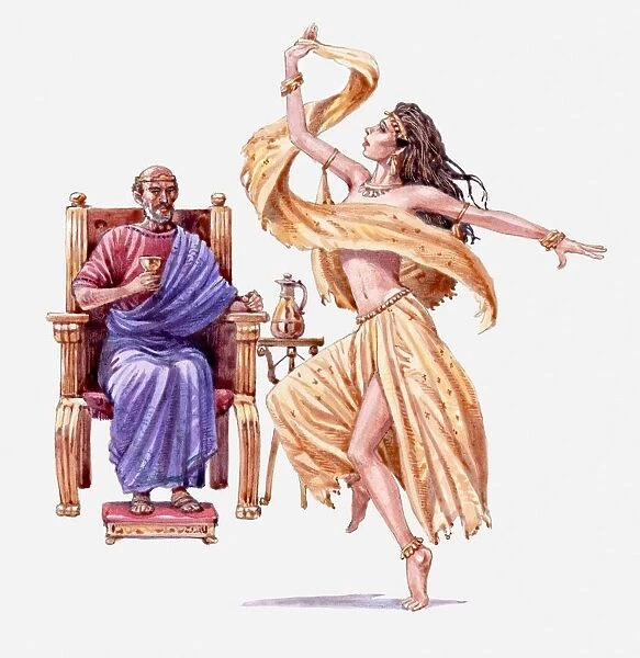 Illustration of King Herod on throne watching Salome dance, Gospel of Matthew