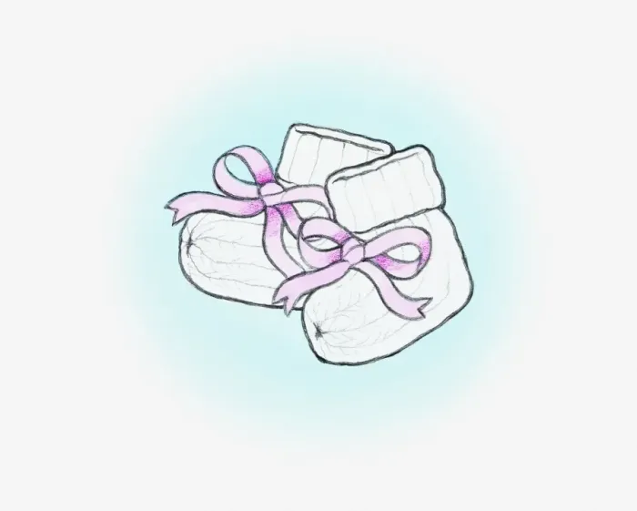 Framed Print : Illustration of knitted white wool booties tied with pink ribbon bows