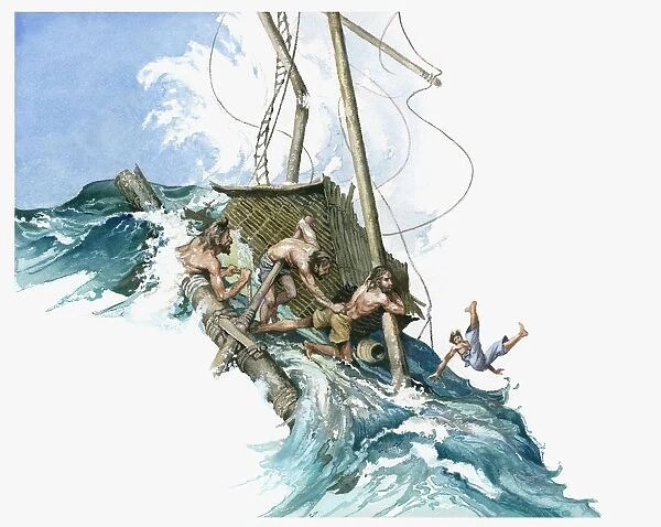 Illustration of Kon-Tiki crew gripping raft as huge wave from storm threatens to submerge them in water as man falls into sea