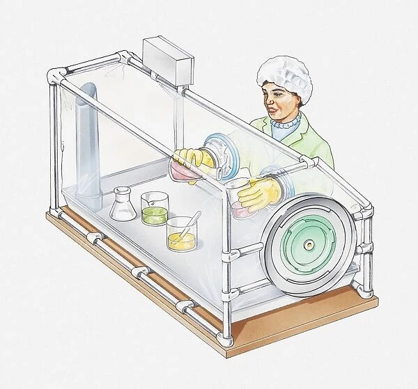 Illustration of laboratory worker handling radioactive materials through holes in a glass tank, and wearing protective clothing