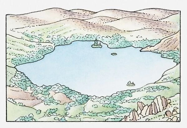 Illustration of a lake in landscape of mountains and hills