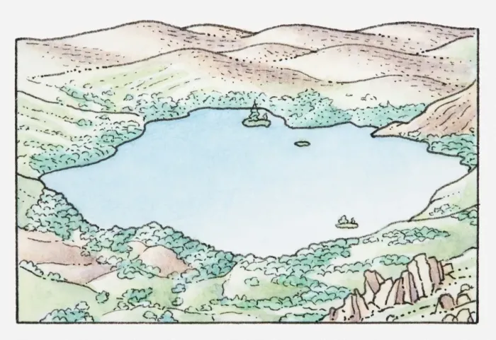 Framed Print : Illustration of a lake in landscape of mountains and hills Framed Print : Illustration of a lake in landscape of mountains and hills