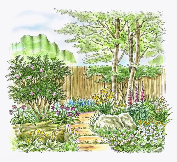 Framed Print : Illustration of a landscaped woodland garden Framed Print : Illustration of a landscaped woodland garden