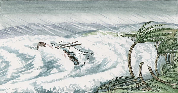 Illustration of large waves covering shipwreck off coastline during hurrucane, and palm trees bending in wind