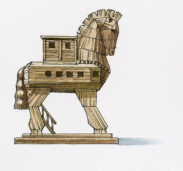 Illustration of large wooden horse built as tourist attraction for children, Troy