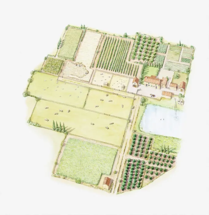 Framed Print : Illustration of a larger home farm, showing land divided up into fields for different uses including crops and livestock, outbuildings and a pond