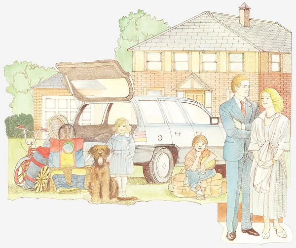 Illustration of late 20th century family outside house with two children, dog and car
