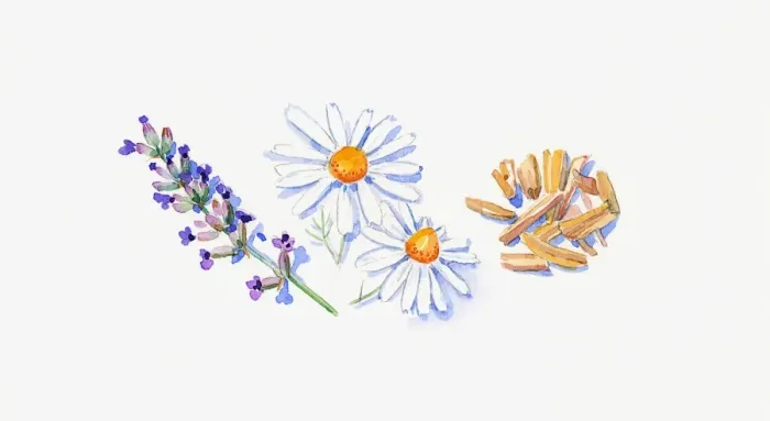 Framed Print : Illustration of lavender flowers on stem, German chamomile flowers, and sandalwood chips