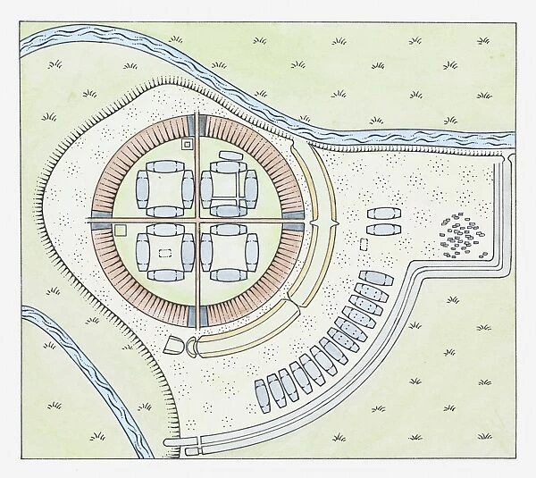 Illustration of layout of the Trelleborg fortress, Sjaelland, Denmark