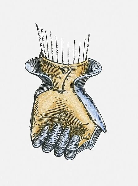 Illustration of leather gloved hand wearing gauntlet plates