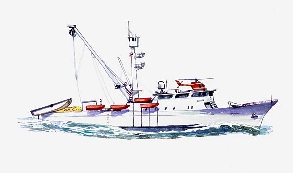 Illustration of lifeboat with radar, aerials, rescue helicopter and several small red lifeboats attached to side