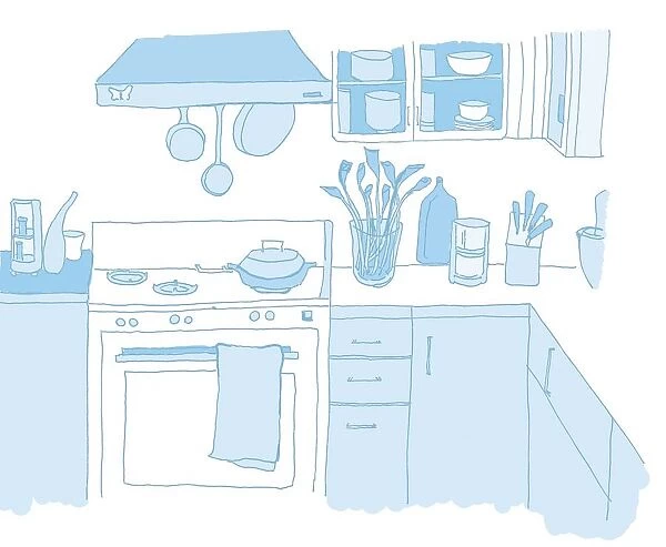 Illustration in light blue, kitchen arranged around right angle, including cooker with oven, pans dangling from cooker hood, glass cupboards on wall, and plants, cutlery and kitchen utensils on work surfaces