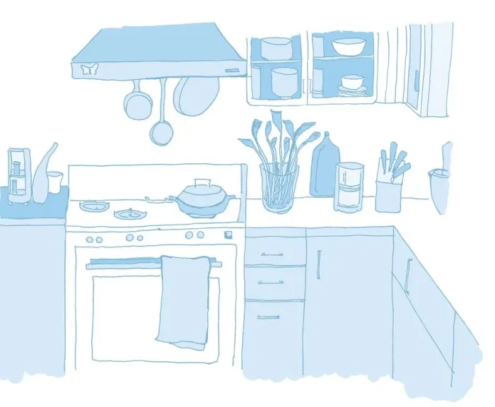 Framed Print : Illustration in light blue, kitchen arranged around right angle, including cooker with oven, pans dangling from cooker hood, glass cupboards on wall, and plants, cutlery and kitchen utensils on work surfaces Framed Print : Illustration in light blue, kitchen arranged around right angle, including cooker with oven, pans dangling from cooker hood, glass cupboards on wall, and plants, cutlery and kitchen utensils on work surfaces
