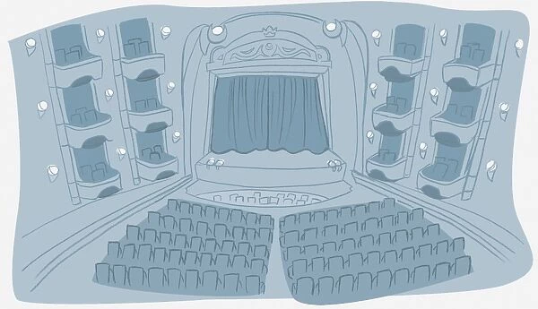 Illustration in light blue, theatre, indoor view of auditorium including stalls and boxes, orchestra pit and stage with closed curtain, high angle view