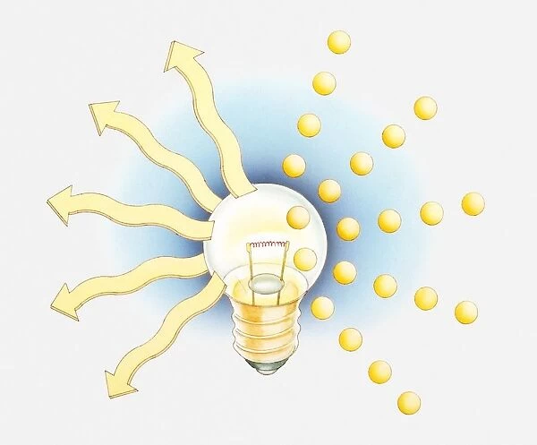 Illustration of light bulb creating light in a stream of tiny photons acting as waves and particles