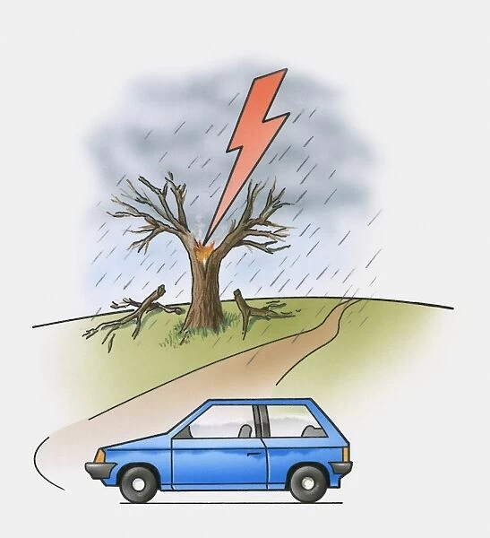 Illustration of lightning flash above tree