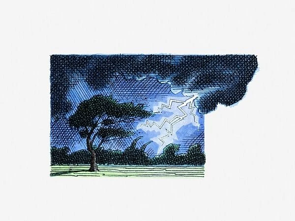 Illustration of lightning strike during thunderstorm in countryside