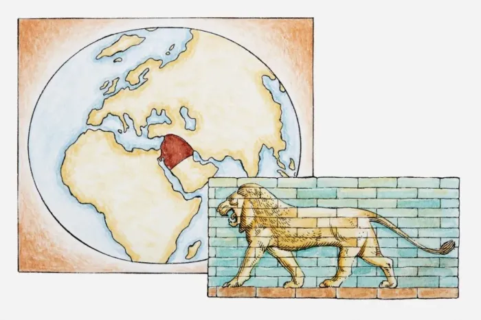 Framed Print : Illustration of lion in front of map highlighting territory of ancient Babylon Framed Print : Illustration of lion in front of map highlighting territory of ancient Babylon