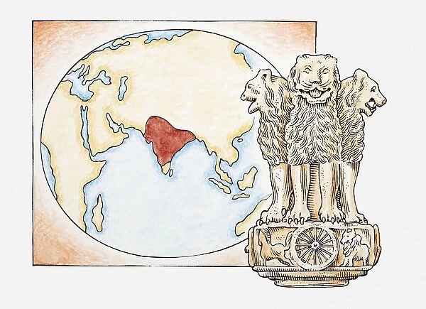 Illustration of lions statue in front of a map with India highlighted