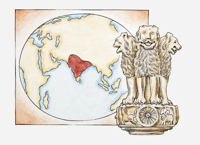 Framed Print : Illustration of lions statue in front of a map with India highlighted Framed Print : Illustration of lions statue in front of a map with India highlighted