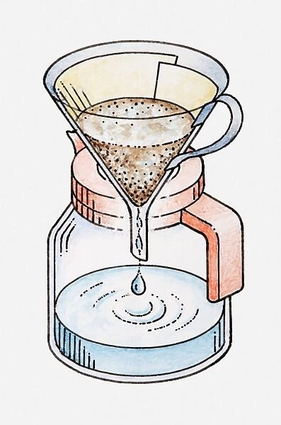 Illustration of liquid dripping through coffee filter in funnel