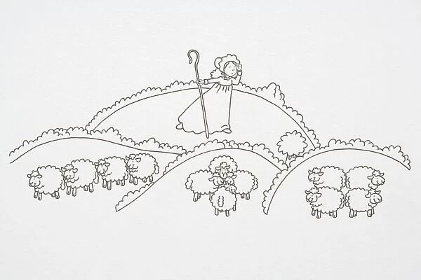 Illustration, Little Bo Peep, carrying a crook and looking for her sheep in amongst clouds