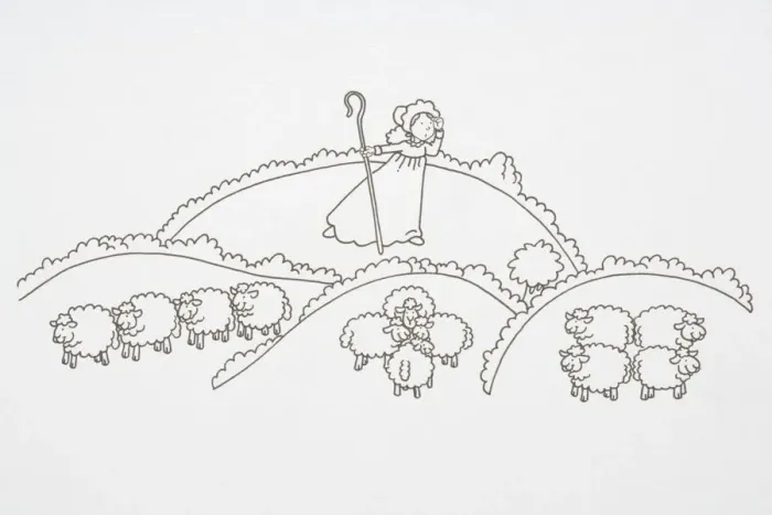 Framed Print : Illustration, Little Bo Peep, carrying a crook and looking for her sheep in amongst clouds Framed Print : Illustration, Little Bo Peep, carrying a crook and looking for her sheep in amongst clouds