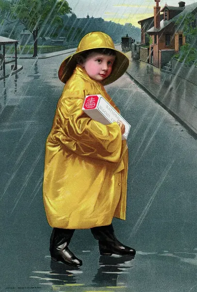 1901 Nabisco Print: Boy in Yellow Slicker Holding Biscuits. Art