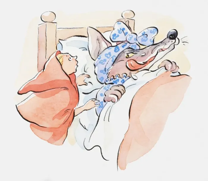 Framed Print : Illustration of Little Red Riding Hood standing by the wolfs bedside Framed Print : Illustration of Little Red Riding Hood standing by the wolfs bedside