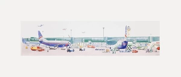 Illustration of loading and unloading commercial aircraft at airport