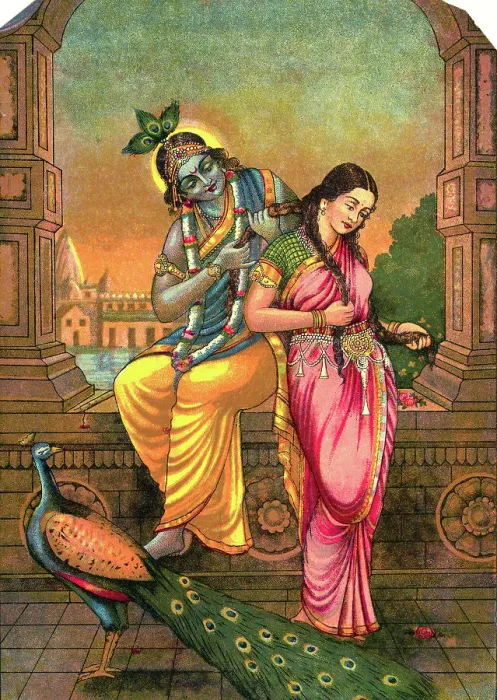 Framed Print : Illustration of Lord Krishna Braiding Hair of His Radha Framed Print : Illustration of Lord Krishna Braiding Hair of His Radha