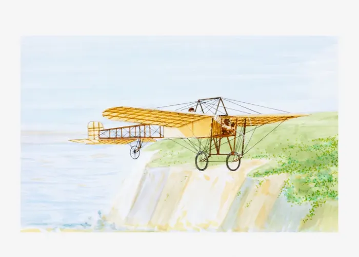 Framed Print : Illustration of Louis Bleriot in his aircraft Bleriot XI, crossing the English Channel, 1909 Framed Print : Illustration of Louis Bleriot in his aircraft Bleriot XI, crossing the English Channel, 1909