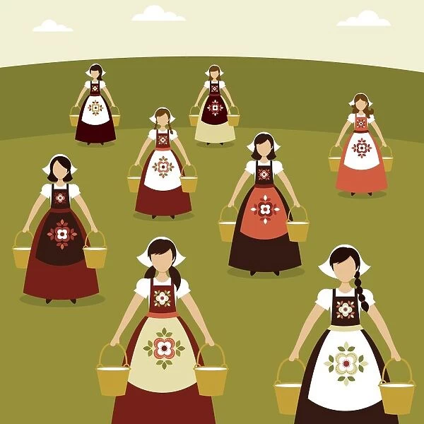 Illustration of eight maids a milking