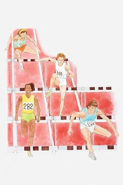 Illustration of male athletes hurdling in race