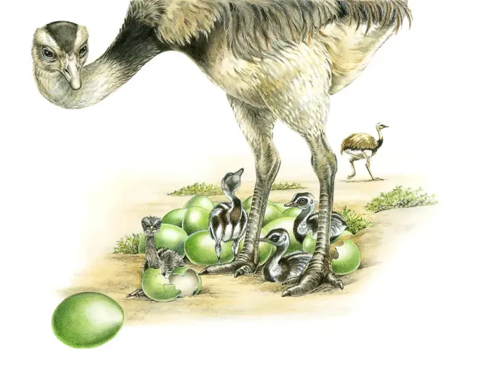 Framed Print : Illustration of male Emu (Dromaius novaehollandiae) standing over young birds hatching from green eggs as another Emu moves in background Framed Print : Illustration of male Emu (Dromaius novaehollandiae) standing over young birds hatching from green eggs as another Emu moves in background