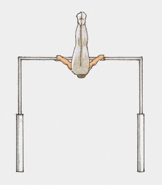 Illustration of male gymnast competing on horizontal bar