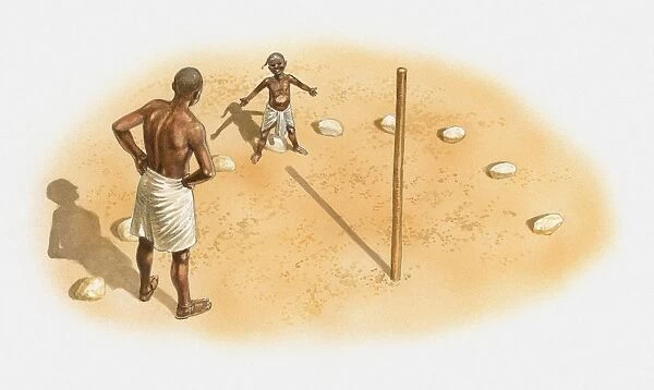Illustration of man and boy standing at an early sundial, using a stick known as gnomon, Ancient Egypt