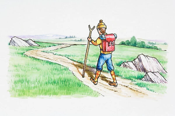 Illustration of man carrying backpack hiking on dirt road winding through countryside