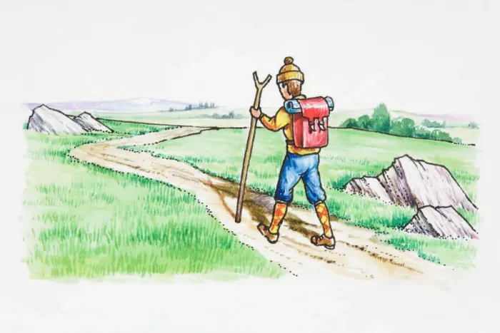 Framed Print : Illustration of man carrying backpack hiking on dirt road winding through countryside Framed Print : Illustration of man carrying backpack hiking on dirt road winding through countryside