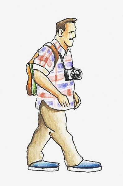 Illustration of a man in casual clothes carrying a camera around his neck