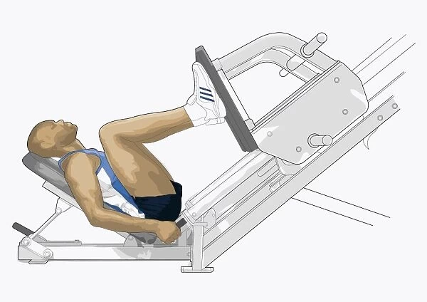 Illustration of man doing 45 degree leg presses in gym