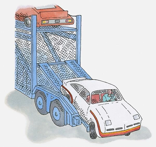 Illustration of man driving car off car transporter