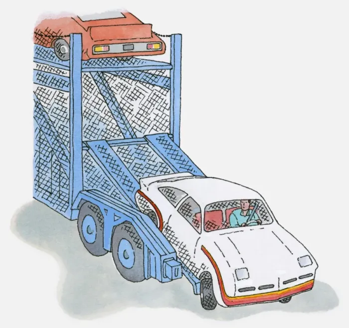 Framed Print : Illustration of man driving car off car transporter Framed Print : Illustration of man driving car off car transporter