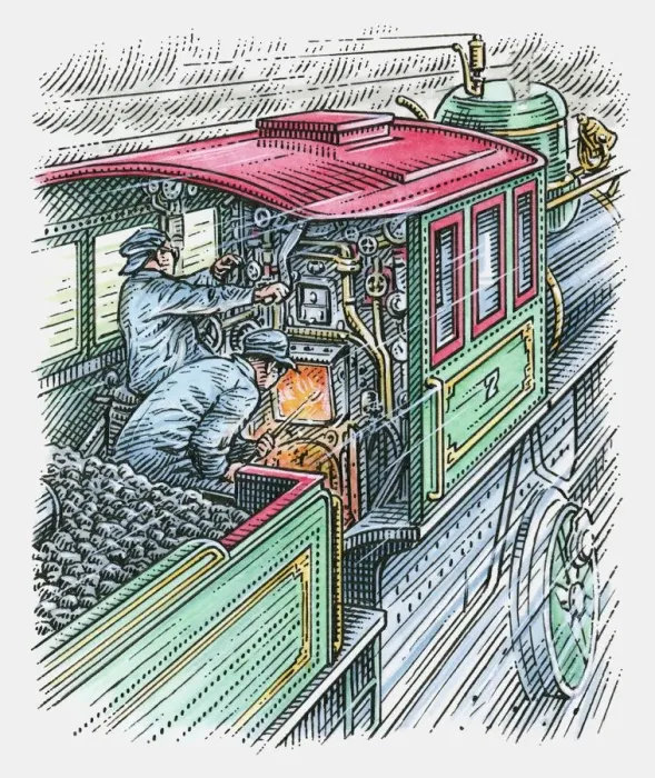 Framed Print : Illustration of man driving train as another stokes the engine Framed Print : Illustration of man driving train as another stokes the engine