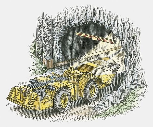 Illustration of man driving tunnel loader into tunnel