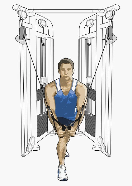 Illustration of man exercising on cable cross-over equipment