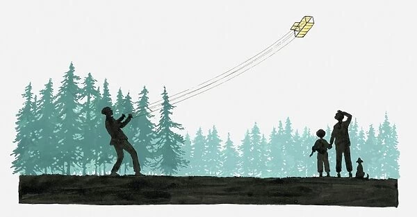 Illustration of man flying bi-plane kite