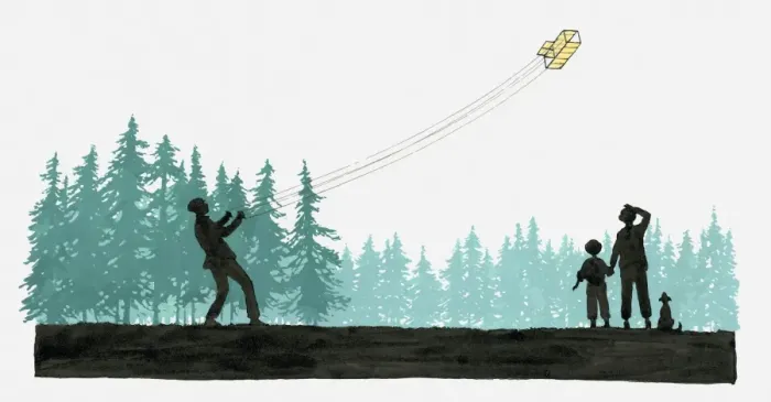 Framed Print : Illustration of man flying bi-plane kite