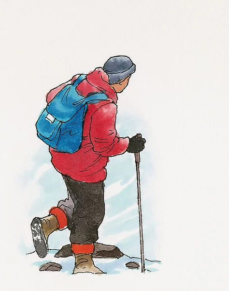 Illustration of man hiking across extreme terrain in snow